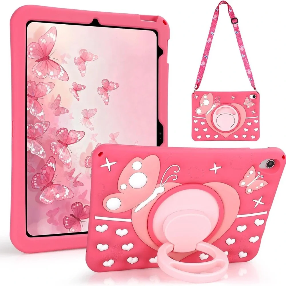 iPad 9th/8th/7th Gen 10.2 Case Kids Pink w/ Strap & Rotating Stand Silicone
